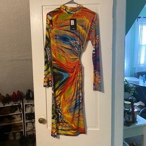 FashionNova print midi dress w/ tie and leg split